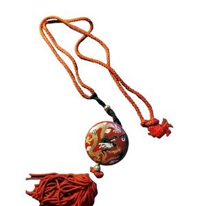 Vintage Cloisonne double sided Puff Pendant w/Dragons, all Silk